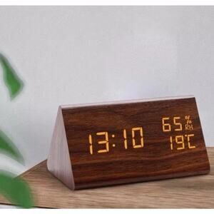 Wooden Alarm Clock Electronic Desktop Table Clock Triangle Shape USB Power